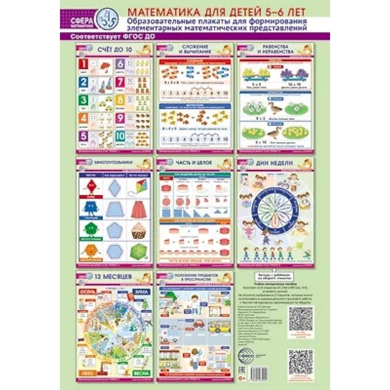 Математика для детей 5-6 лет. Образовательные плакаты для формирования элементарных математических представлений. (комплект из 8 плакатов А3) Математика для детей 5-6 лет. Образовательные плакаты для формирования элементарных математических представлений. (комплект из 8 плакатов А3)